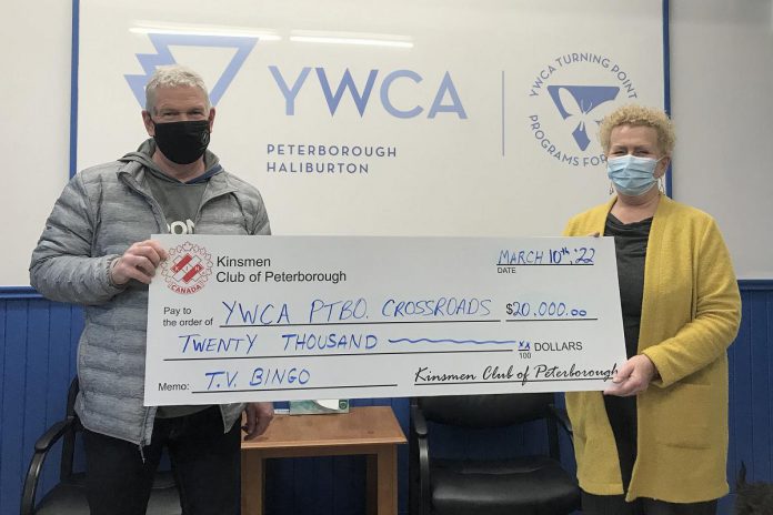 Kinsmen Club of Peterborough president Barry Croft presented a $20,000 cheque to YWCA Peterborough Haliburton executive director Kim Dolan in support of the YWCA Crossroads Shelter on March 10, 2022. (Photo supplied by YWCA Peterborough Haliburton)