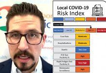 Peterborough's medical officer of health Dr. Thomas Piggott pictured in a video explaining Peterborough Public Health's new COVID-19 Community Risk Index, along with graphics showing the status of the index for March 30, 2022. (Composite mage: kawarthaNOW)