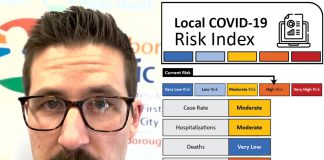 Peterborough's medical officer of health Dr. Thomas Piggott pictured in a video explaining Peterborough Public Health's new COVID-19 Community Risk Index, along with graphics showing the status of the index for March 30, 2022. (Composite mage: kawarthaNOW)