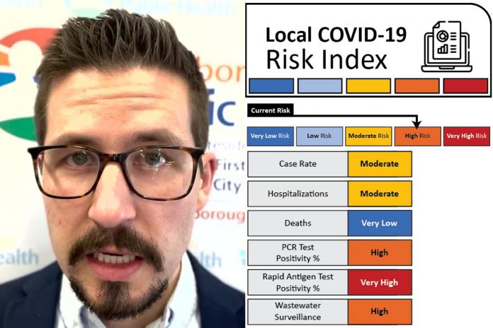 Peterborough's medical officer of health Dr. Thomas Piggott pictured in a video explaining Peterborough Public Health's new COVID-19 Community Risk Index, along with graphics showing the status of the index for March 30, 2022. (Composite mage: kawarthaNOW)