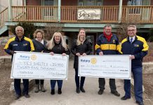 Atul Swarup and Marie Press of the Rotary Club of Peterborough presenting a $25,000 cheque to YES executive director Aimee Le Lagadéc (third from left) and Brian O'Toole and Carl Brown of the Rotary Club of Peterborough Kawartha present a $25,000 cheque to YES transitional housing manager Melissa Free (third from right) in front of YES's Brock Street location. (Photo: Rotary Club of Peterborough)