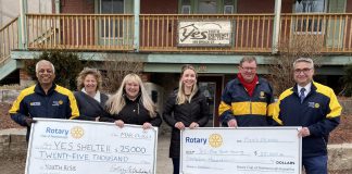 Atul Swarup and Marie Press of the Rotary Club of Peterborough presenting a $25,000 cheque to YES executive director Aimee Le Lagadéc (third from left) and Brian O'Toole and Carl Brown of the Rotary Club of Peterborough Kawartha present a $25,000 cheque to YES transitional housing manager Melissa Free (third from right) in front of YES's Brock Street location. (Photo: Rotary Club of Peterborough)
