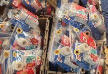 Some of the hundreds of first aid kits the Waselenko family of Peterborough has assembled to send to the people of Ukraine. Local Shoppers Drug Mart locations are covering three-quarters of the cost of each kit, with customers asked to make a donation of $10 on March 12, 2022. (Photo: Nadia Waselenko / Instagram)