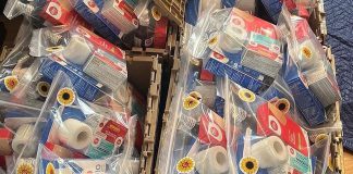 Some of the hundreds of first aid kits the Waselenko family of Peterborough has assembled to send to the people of Ukraine. Local Shoppers Drug Mart locations are covering three-quarters of the cost of each kit, with customers asked to make a donation of $10 on March 12, 2022. (Photo: Nadia Waselenko / Instagram)