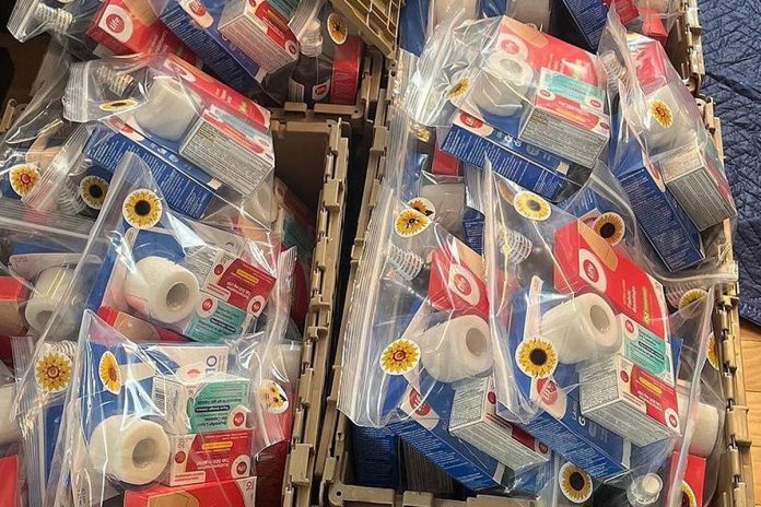 Some of the hundreds of first aid kits the Waselenko family of Peterborough has assembled to send to the people of Ukraine. Local Shoppers Drug Mart locations are covering three-quarters of the cost of each kit, with customers asked to make a donation of $10 on March 12, 2022. (Photo: Nadia Waselenko / Instagram)