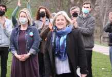 Ontario NDP leader Andrea Horwath (front right) with Jen Deck (front left), the party's candidate for Peterborough-Kawartha, and her supporters during a media conference at the Peterborough Lift Lock on April 26, 2022. (Photo: Jeannine Taylor / kawarthaNOW)