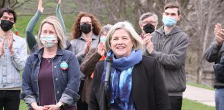 Ontario NDP leader Andrea Horwath (front right) with Jen Deck (front left), the party's candidate for Peterborough-Kawartha, and her supporters during a media conference at the Peterborough Lift Lock on April 26, 2022. (Photo: Jeannine Taylor / kawarthaNOW)