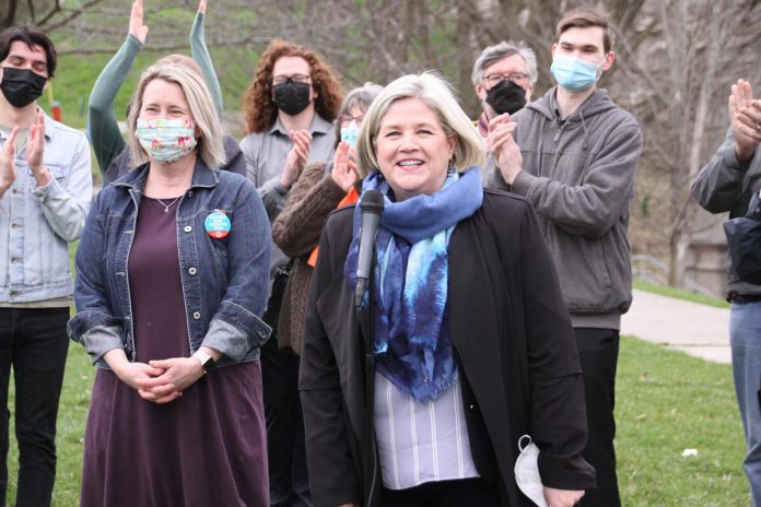Ontario NDP leader Andrea Horwath (front right) with Jen Deck (front left), the party's candidate for Peterborough-Kawartha, and her supporters during a media conference at the Peterborough Lift Lock on April 26, 2022. (Photo: Jeannine Taylor / kawarthaNOW)