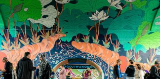 The public launch of the "Bloodroot" public art mural under the Hunter Street Bridge by Edmonton artist Jill Stanton on September 1, 2016. The Bloodroot mural is adjacent to the Nogojiwanong/Electric City mural completed in 2015 by Toronto artist Kirsten McCrea, both part of The Hunter Street Bridge Mural Project funded by the City of Peterborough's Public Art Program. For 2022, the city's Public Art Program is inviting a call for proposaals for two artist-initiated public art projects. (Photo: Samantha Moss / kawarthaNOW)