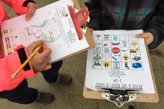 Participatory data collection and knowledge mobilization can be fun and age appropriate, as is the case with these bingo games GreenUP has used in past Active School Travel projects. (Photo: Natalie Stephenson) 