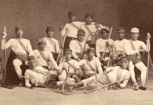 The first game of lacrosse in Nogojiwanong-Peterborough was played in the spring of 1872 by the Peterborough Red Stockings. Lacrosse is the oldest organized sport in North America, with the original version of the game played by Indigenous peoples for hundreds of years before European settlers adopted the game. Pictured are men from the Mohawk Nation at Kahnawake (Caughnawaga) who were the Canadian lacrosse champions in 1869. (Photo: Library and Archives Canada / C-001959