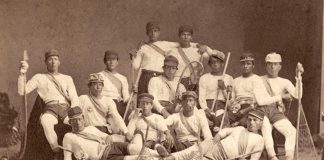 The first game of lacrosse in Nogojiwanong-Peterborough was played in the spring of 1872 by the Peterborough Red Stockings. Lacrosse is the oldest organized sport in North America, with the original version of the game played by Indigenous peoples for hundreds of years before European settlers adopted the game. Pictured are men from the Mohawk Nation at Kahnawake (Caughnawaga) who were the Canadian lacrosse champions in 1869. (Photo: Library and Archives Canada / C-001959