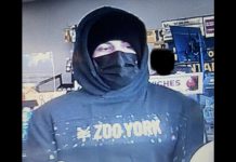The lone male suspect in the robbery of a convenience store on William Street North in Lindsay on April 20, 2022. (Police-supplied photo)
