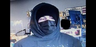 The lone male suspect in the robbery of a convenience store on William Street North in Lindsay on April 20, 2022. (Police-supplied photo)