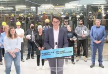 Ontario minister of labour, training and skills development Monte McNaughton announced the Better Jobs Ontario training program at Fleming College's School of Trades and Technology in Peterborough on April 25, 2022. (kawarthaNOW screenshot of Facebook video)
