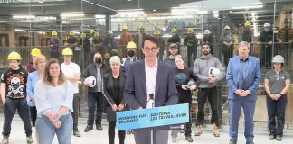 Ontario minister of labour, training and skills development Monte McNaughton announced the Better Jobs Ontario training program at Fleming College's School of Trades and Technology in Peterborough on April 25, 2022. (kawarthaNOW screenshot of Facebook video)