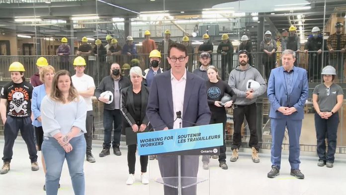 Ontario minister of labour, training and skills development Monte McNaughton announced the Better Jobs Ontario training program at Fleming College's School of Trades and Technology in Peterborough on April 25, 2022. (kawarthaNOW screenshot of Facebook video)