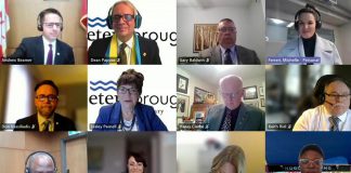 Peterborough-Kawartha MP Michelle Ferreri (top right) attended the virtual general committee meeting of Peterborough city council for 45 minutes on April 11, 2022. (kawarthaNOW screenshot)