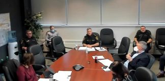 Tim Farquharson, acting chief of Peterborough Police Services, addresses a public meeting of the police services board on April 12, 2022. (kawarthaNOW screenshot)