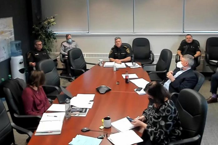 Tim Farquharson, acting chief of Peterborough Police Services, addresses a public meeting of the police services board on April 12, 2022. (kawarthaNOW screenshot)