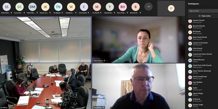 Peterborough mayor Diane Therrien and councillor Gary Baldwin, both members of the Peterborough police services board, participating virtually in a public meeting of the board on April 12, 2022. There were also around 25 members of the public who attended the virtual meeting. (kawarthaNOW screenshot)