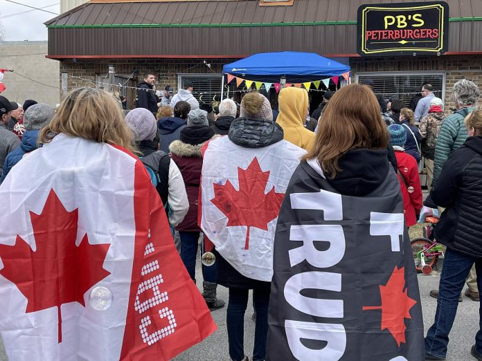 Some of the people who gathered at Peterburgers on April 9, 2022 to support the restaurant, which held s grand reopening after having been closed for four months for defying COVID-19 public health measures. (Photo: Caryma S'ad / @CarymaRules Twitter)