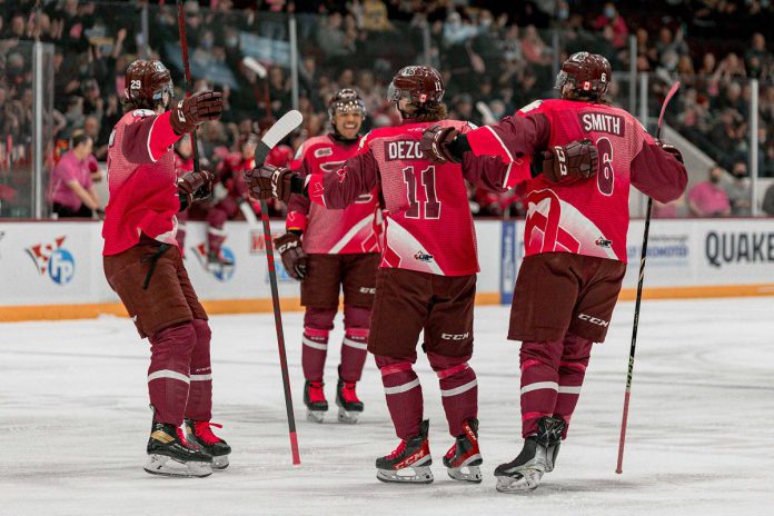 At the annual Pink in the Rink game on April 9, 2022, the Peterborough Petes defeated the Niagara IceDogs 5-1 and clinched their spot in the OHL playoffs. The annual fundraising game raised $76,952.18 for cancer research. (Photo courtesy of Peterborough Petes)