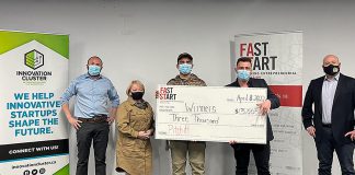 Fleming College students Troy Blackwell and Neil Hamilton, winners of 2022 Pitch It entrepreneurial competition, with judges Sam Ault, Gail Moorhouse, and David Bonn. (Photo courtesy of Innovation Cluster Peterborough and the Kawarthas)