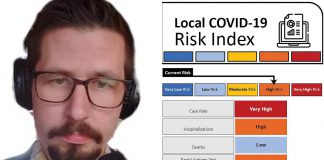 Peterborough's medical officer of health Dr. Thomas Piggott pictured during a Peterborough Public Health media briefing on April 6, 2022, with the current status of the health unit's recently introduced COVID-19 Community Risk Index. (Composite mage: kawarthaNOW)