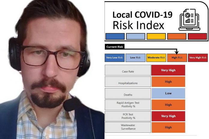 Peterborough's medical officer of health Dr. Thomas Piggott pictured during a Peterborough Public Health media briefing on April 6, 2022, with the current status of the health unit's recently introduced COVID-19 Community Risk Index. (Composite mage: kawarthaNOW)