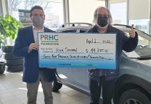 Peterborough Subaru general manager Hernan Lagos (left) presents Peter Sullivan with a ceremonial cheque for $44,775, representing the grand prize jackpot of the PRHC Foundation 50/50 Lottery drawn on April 1, 2022. (Photo courtesy of PRHC Foundation)