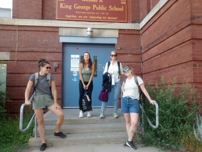 Alexandra Simpson, Peyton Le Barr, and Morgan Johnson (right) in August 2020 when they first began working on "Care" with their mentor Martha Ross, second from right.  (Supplied photo)