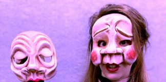 Morgan Johnson will wear half masks to portray three different characters in "Care," a 15-minute spoken word and movement performance that explores the invisibility of care work that was created and developed by Johnson, Peyton Le Barr, and Alexandra Simpson. "Care" will be performed 12 times during the two weekends of Public Energy Performing Art's Erring at King George multidisciplinary arts festival from May 6 to 8 and May 13 to 15. (Supplied photo)