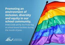 The Peterborough, Victoria, Northumberland and Clarington Catholic District School Board created this graphic to announce its decision to fly the Pride flag at school board facilities during June 2022.