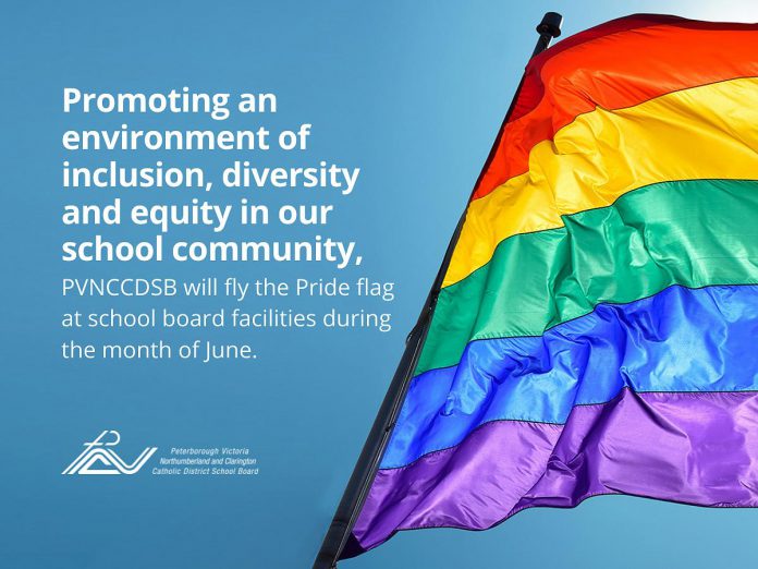 The Peterborough, Victoria, Northumberland and Clarington Catholic District School Board created this graphic to announce its decision to fly the Pride flag at school board facilities during June 2022.