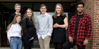 17-year-old Ryder Lytle (right) is one of several students at Fenelon Falls Secondary School interested in the Rural Youth Leadership Fund, which will cover the costs of Kawarthas Lakes residents aged 17 to 29 who want to participate in leadership training offered by the Institute For Change Leaders. Other interested students, pictured with vice principal Elizabeth Alton, include (left to right) Sophie Kaloudas, Olivia Van Schaik, Logan MacInnis, Emily Smith, as well as (not pictured) Anna Entzin-Telford. (Photo courtesy of Community Foundation of Kawartha Lakes)