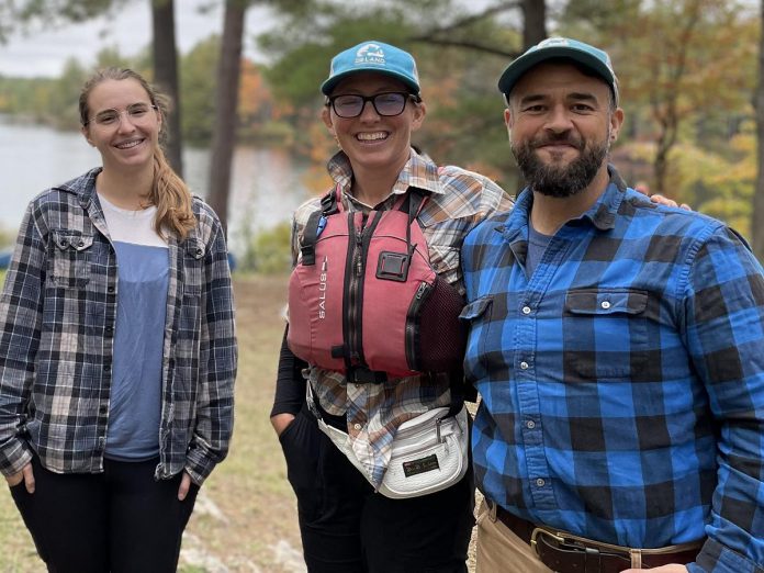 Briagh Hoskins-Hasbury and Bretton Clark (right) founded The Land Canadian Adventures in 2012 and incorporated in 2014. Sally Russell (left) joined the team as a co-op student in summer of 2020, then officially took on the role of wilderness guide and program coordinator in the spring of 2021. (Photo courtesy of The Land Canadian Adventures)
