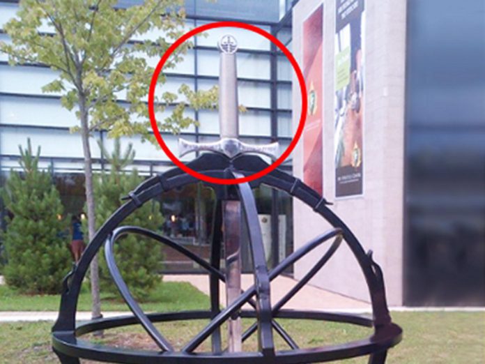 Peterborough police are investigating the theft of the sword hilt from the Trent Excalibur Legacy Sculpture, located between the Trent Athletics Centre and the Justin Chiu Stadium on The Trent University campus. (Police-supplied photo)