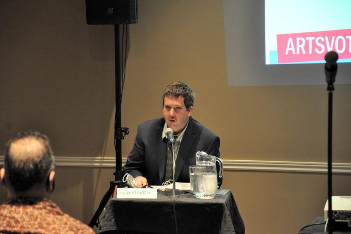 Green candidate Robert Gibson responds to a question during Artsvote Ontario 2022 in the Nexicom Studio at Showplace Performance Centre on Thursday, May 26. (Photo: Justin Sutton / kawarthaNOW)