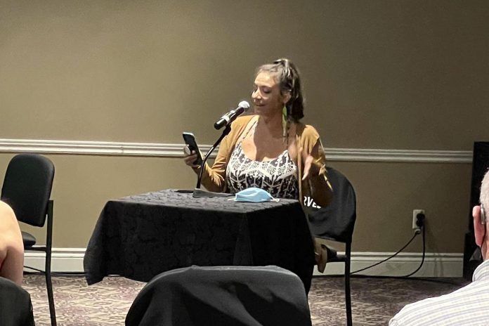 Peterborough's first poet laureate Sarah Lewis reads "More than a Poem" during Artsvote Ontario 2022 in the Nexicom Studio at Showplace Performance Centre on Thursday, May 26. (Photo: Justin Sutton / kawarthaNOW)