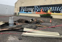 Some of the debris at the Canadian Canoe Museum in Peterborough as a result of the May 21, 2022 wind storm. The hurricane-force winds tore off large swaths of the protective membrane on the museum's roof, resulting in rain and moisture damage, and damaged or blew out windows in the museum's collections centre. (Photo courtesy of Canadian Canoe Museum)