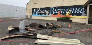 Some of the debris at the Canadian Canoe Museum in Peterborough as a result of the May 21, 2022 wind storm. The hurricane-force winds tore off large swaths of the protective membrane on the museum's roof, resulting in rain and moisture damage, and damaged or blew out windows in the museum's collections centre. (Photo courtesy of Canadian Canoe Museum)