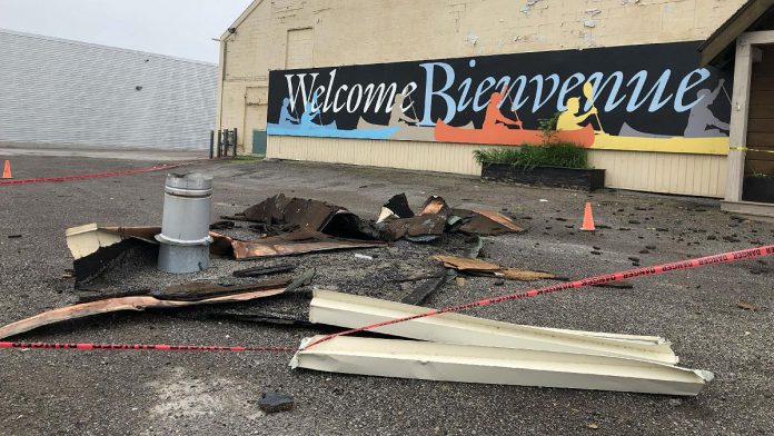 Some of the debris at the Canadian Canoe Museum in Peterborough as a result of the May 21, 2022 wind storm. The hurricane-force winds tore off large swaths of the protective membrane on the museum's roof, resulting in rain and moisture damage, and damaged or blew out windows in the museum's collections centre. (Photo courtesy of Canadian Canoe Museum)