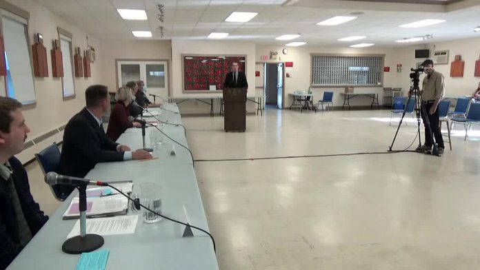 Five of the seven candidates vying to become the next MPP for Peterborough-Kawartha gathered at the Lakefield Legion on May 10, 2022 for a two-hour debate hosted by the Peterborough and Kawartha Chamber of Commerce and livestreamed on YouTube. (kawarthaNOW screenshot)