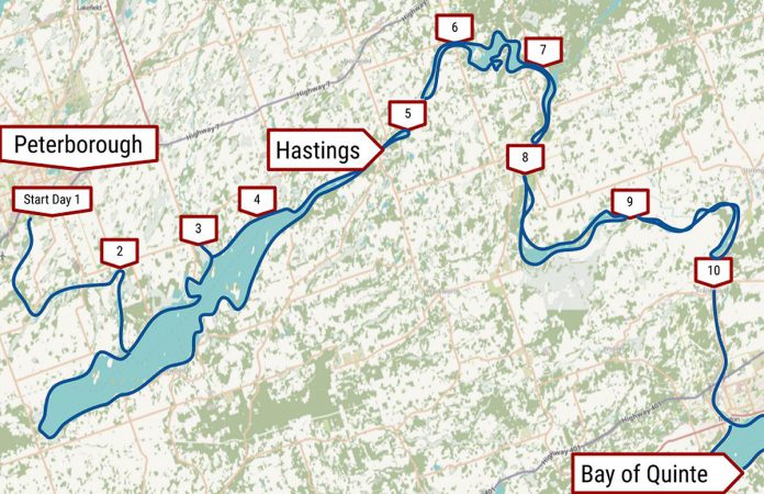 A map of the 10 day trips that Paul Baines and his friends took to explore the route from Peterborough to the Bay of Quinte.  (Graphic: Paul Baines / Open Street Maps)
