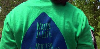 A t-shirt from the 2017 Peterborough Children's Water Festival featuring "Water is Life" in three languages, including Ojibway. Although the 20th annual Peterborough Children's Water Festival returns in a virtual format for the second year in a row, the festival will continue to use traditional Indigenous teachings to help students understand their essential relationship to water and to the earth. (Photo: Karen Halley)