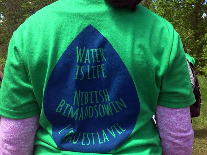 A t-shirt from the 2017 Peterborough Children's Water Festival featuring "Water is Life" in three languages, including Ojibway. Although the 20th annual Peterborough Children's Water Festival returns in a virtual format for the second year in a row, the festival will continue to use traditional Indigenous teachings to help students understand their essential relationship to water and to the earth. (Photo: Karen Halley)