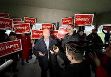 Ontario Liberal Leader Steven Del Duca, beside Peterborough-Kawartha Liberal candidate Greg Dempsey, inside the pergola at Lakefield's Isabel Morris Park during Dempsey's official campaign launch on May 3, 2022. (Photo: Justin Sutton / kawarthaNOW)