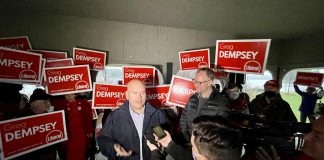 Ontario Liberal Leader Steven Del Duca, beside Peterborough-Kawartha Liberal candidate Greg Dempsey, inside the pergola at Lakefield's Isabel Morris Park during Dempsey's official campaign launch on May 3, 2022. (Photo: Justin Sutton / kawarthaNOW)