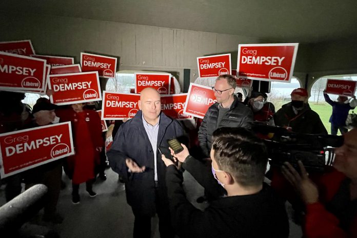 Ontario Liberal Leader Steven Del Duca, beside Peterborough-Kawartha Liberal candidate Greg Dempsey, inside the pergola at Lakefield's Isabel Morris Park during Dempsey's official campaign launch on May 3, 2022. (Photo: Justin Sutton / kawarthaNOW)